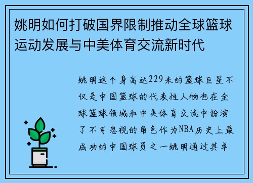 姚明如何打破国界限制推动全球篮球运动发展与中美体育交流新时代