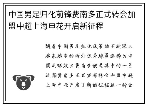 中国男足归化前锋费南多正式转会加盟中超上海申花开启新征程 中国男足归化前锋费南多正式转会加盟中超上海申花开启新征程